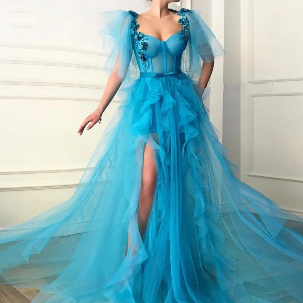 

GUXQD Blue Evening Dresses Flowers Ruffles Tulle High Slit Dubai Saudi Arabic Long Party Gowns Prom Dress Teens Graduation