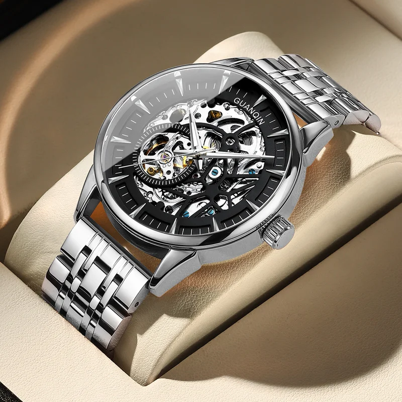 Мужские часы GUANQIN с механическим полым циферблатом роскошные водонепроницаемые
