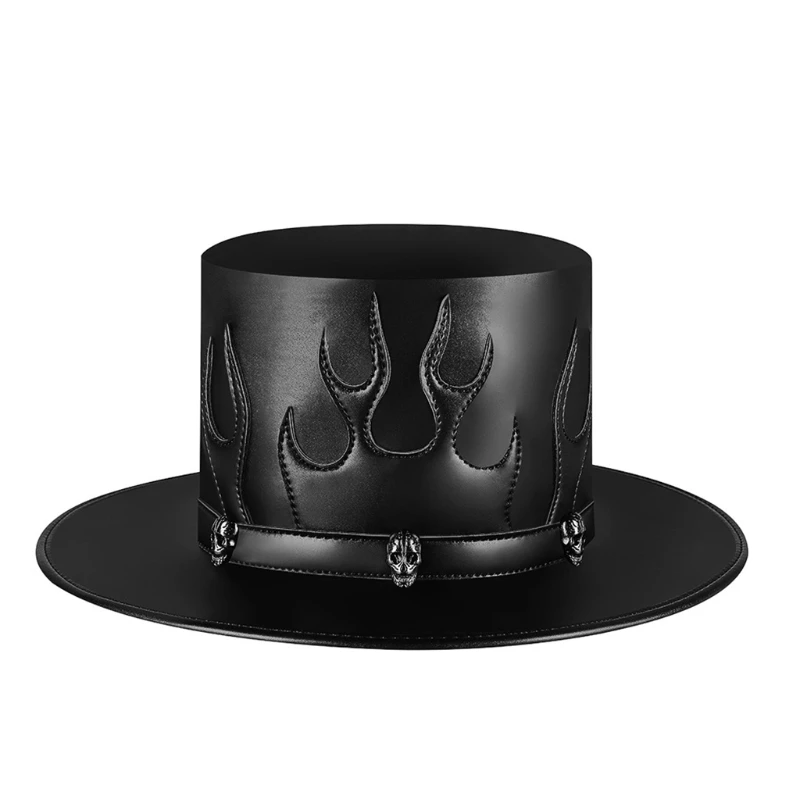 

Steampunk Plague Doctor Hat PU Leather Black Flat Top Flame Magic Hat for Halloween Cosplay Costume Props Bowler Hats Stage Men