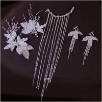 korean white yarn crystal barrettes earrings sets hairpin brides style wedding hair accessories