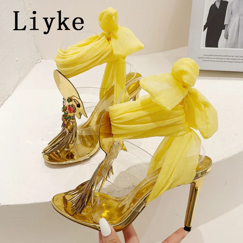 

Liyke Catwalk Shows Gold Fringe Stiletto High Heel Women Sandals Street Style Net Yarn Lace-Up Summer Fetish Strappy Shoes Pumps