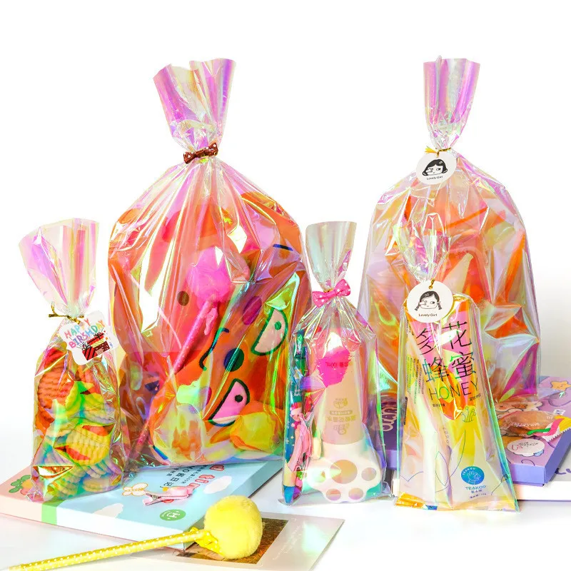 

50Pcs Children's Day Birthday Gift Bags Color Changing Colorful Laser Kindergarten Biscuit Candy Packaging With Wire Party Decor