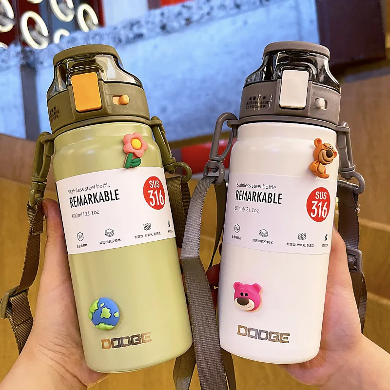 

316 Stainless Steel Thermos Water Bottle With Straw Tumbler Vacuum Flask Portable Hot Drinks Thermos Cup Insulated Water Pot