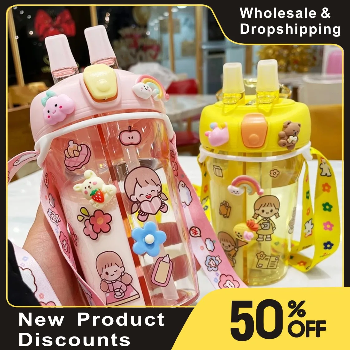 NEW 430ml Cute Children Double Drinking Water Bottle Straw Portable Bottle Student Couple Plastic Cup Gift With 3D Stickers