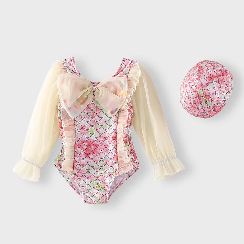 

Kids Baby Girls Swimwear One-pieces Bikini Long Sleeve Bow Tie Fish Scale Print Ruffles Sun Protection Swimsuit Summer Clothes