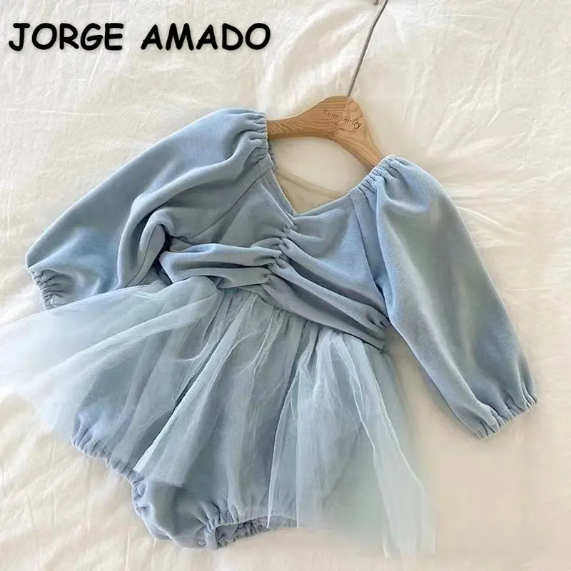 

Korean Style New Spring Autumn Baby Girl Bodysuit V-Neck Long Sleeve Fashion Jumpsuit Mesh Ball Gown Newborn Clothes E301