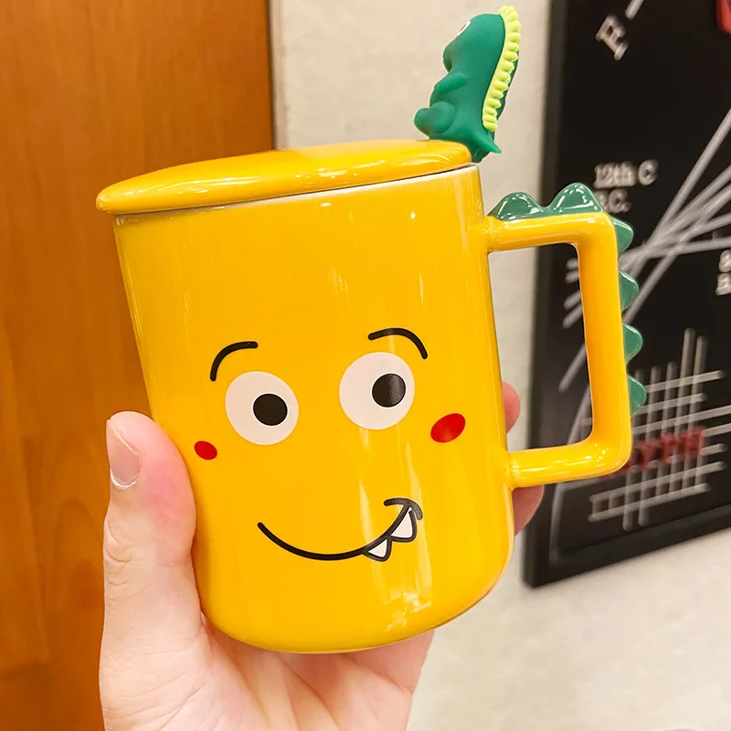 

Dinosaur Animated Mugs with Lid and Spoon Funny Expression Ceramic Cup Creative StarBuck Coffee Mug Milk Cup Gift for Kids
