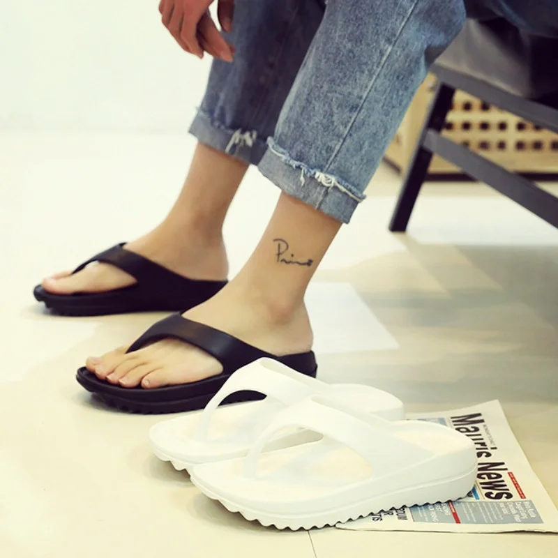 Women Heightening Platform White Flip-Flops Men Summer Leisure Simple Slides Couple Outdoor Sandals Soft Thick-soled Beach Shoes