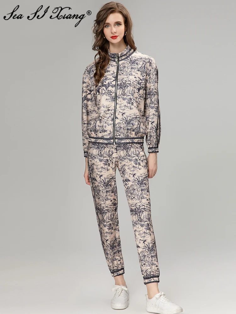 

Seasixiang Fashion Designer Autumn Suits Women Stand Collar Lantern Sleeve Jacket + Pencil Pants Vintage Print Two-Piece Suit