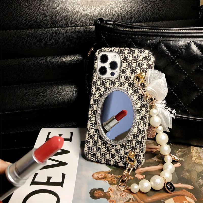 

Luxury Fashion Cute 3d Vanity Mirror Pearl Lanyard Female Hard Case For Iphone 11 12 13 Pro Max 7 8 Plus Xr X Xs Cover Fundas