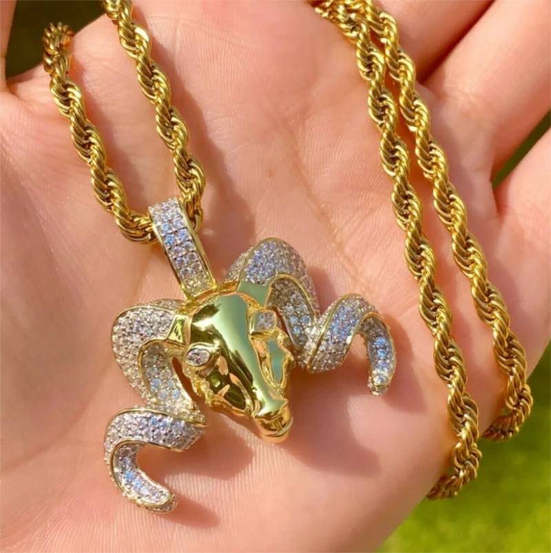 

ANGLANG Luxury Bull Head Design Pendant Necklace Gold Color Cubic Zirconia Hiphop Pendant Necklace Jewelry for Men/Women