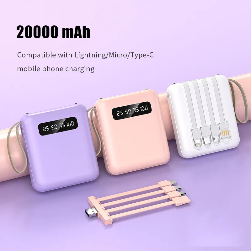 Портативный внешний аккумулятор 20000 мА с кабелем большой емкости выходом