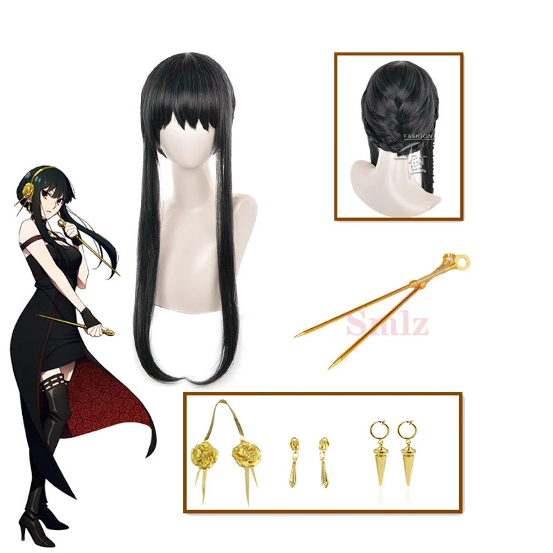 

Yor Forger Cosplay Wig Anime SPY FAMILY Cosplay Wig black braid long hair Hairpin Earrings Weapons SPY FAMILY wig