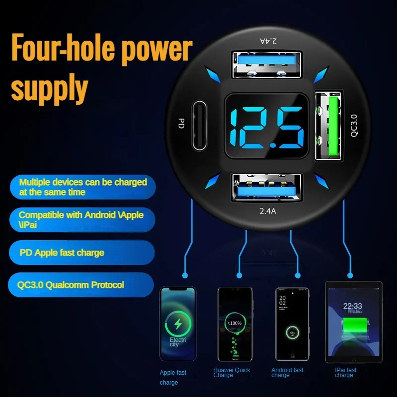 66 Вт 4-портовое автомобильное зарядное устройство USB для быстрой зарядки PD Quick Charge