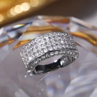 luxury trendy silver plated four rows crystal rings for women shine white cz stone inlay fashion jewelry wedding party gift ring