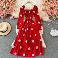 women new spring summer polka dot long dress ladies casual full sleeve lace up square collar dress female party holiday vestidos