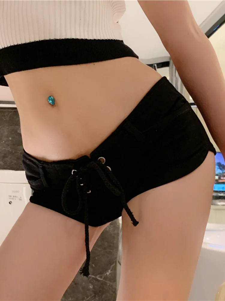 ADAgirl Drawstring Sexy Denim Shorts Women Hotsweet Party Low Waist Short Jeans Solid Mini Short Grunge Clothes for Summer New