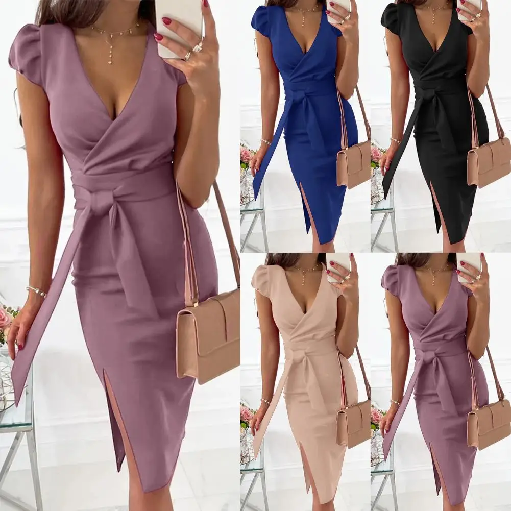 

Women Dress All Match Short Sleeve Midi Dress Lace-up Deep V-neck Puff Split Sundress