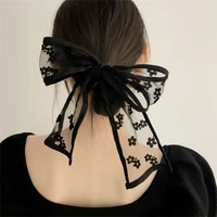 black white lace bowknot hairbands for women long yarn dot print headband mesh flower temperament scarf kerchief shawl headdress