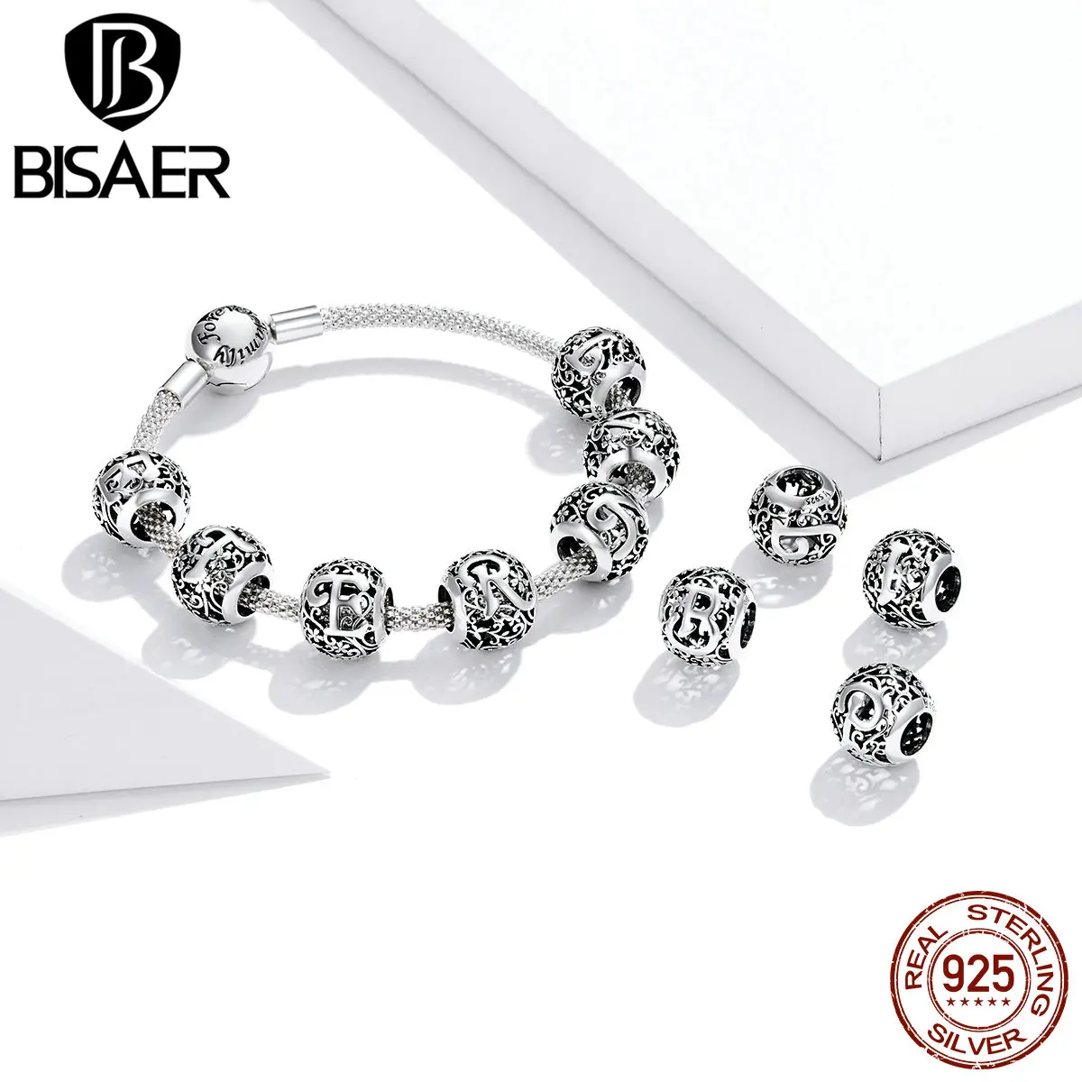 

BISAER 925 Sterling Silver Vintage A to Z 26 Letter Charms Pattern Letters CZ Beads Fit DIY Making Bracelet Necklace Jewelry