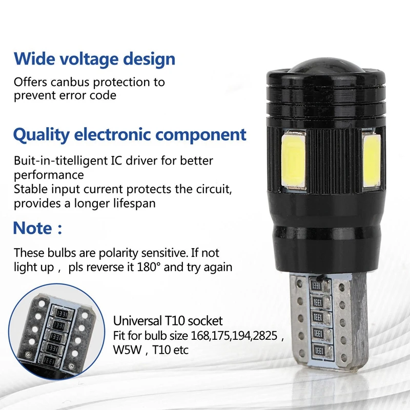 Автомобильные светодиодные лампы Canbus T10 5730 6Smd без ошибок 12 В W5W 168 194 линзы 6000K 4 шт.