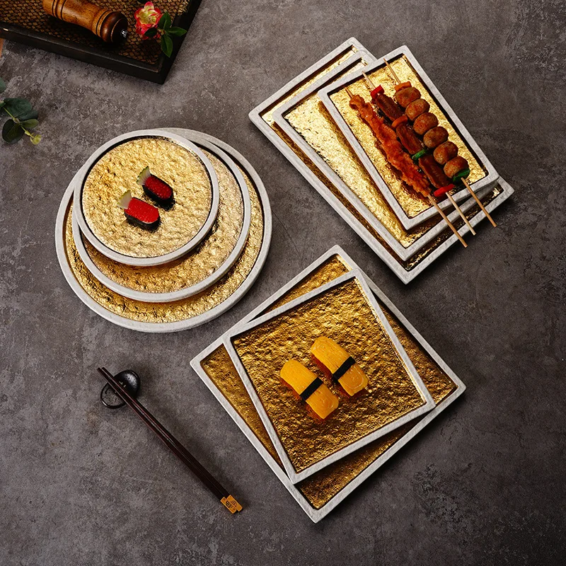 Прямоугольная тарелка для суши японский белый фон Золотая керамическая посуда