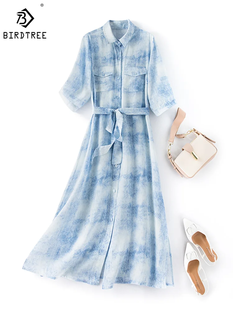 

Birdtree 100%Natural Silk French Denim Style Dresses Light Luxury Temperament Mid Length Shirt Style Dress Women Summer D37605QM