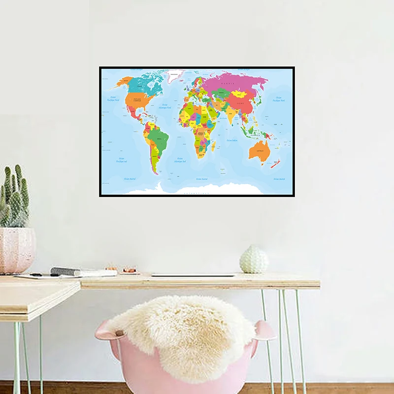 

The World Map with Political Distribution In French Posters and Prints Non-woven Canvas Painting Home Wall Decoration 90*60cm