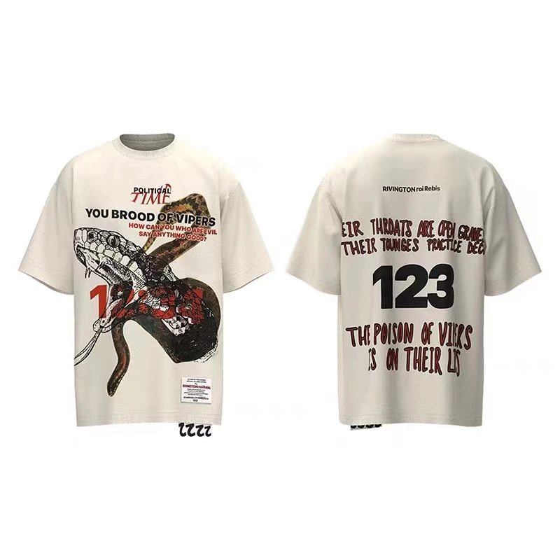 

High quality RRR123 FashionTee Men femaleThe same kind1:1 Snake Print RRR 123 T-Shirt Vintage Tee Cotton Short Sleeve Clothing