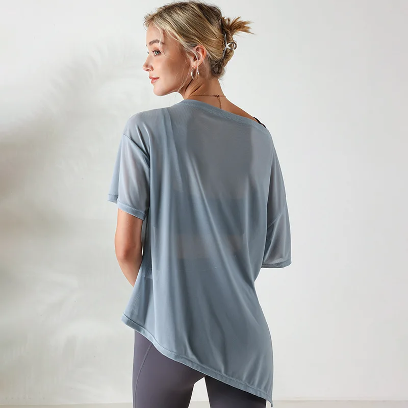 Women Yoga Shirts Thin Loose See-Through Sport Tops Breathable Short Sleeve Running T-shirt Forked Gym Fitness Top Blouse Female