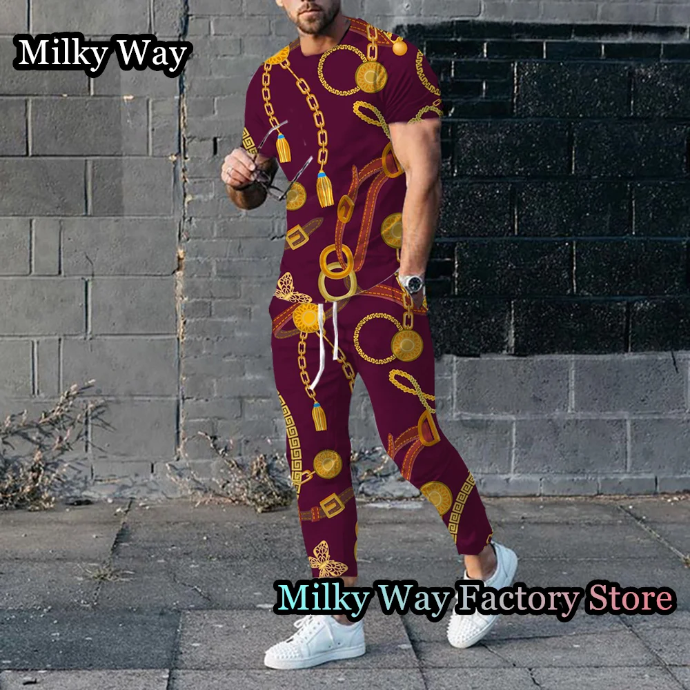 Men Luxury Chain T-Shirt Trousers Set Summer Tracksuit Male Fashion Outfit 2 Pieces Casual Streetwear Suit Vintage Clothing