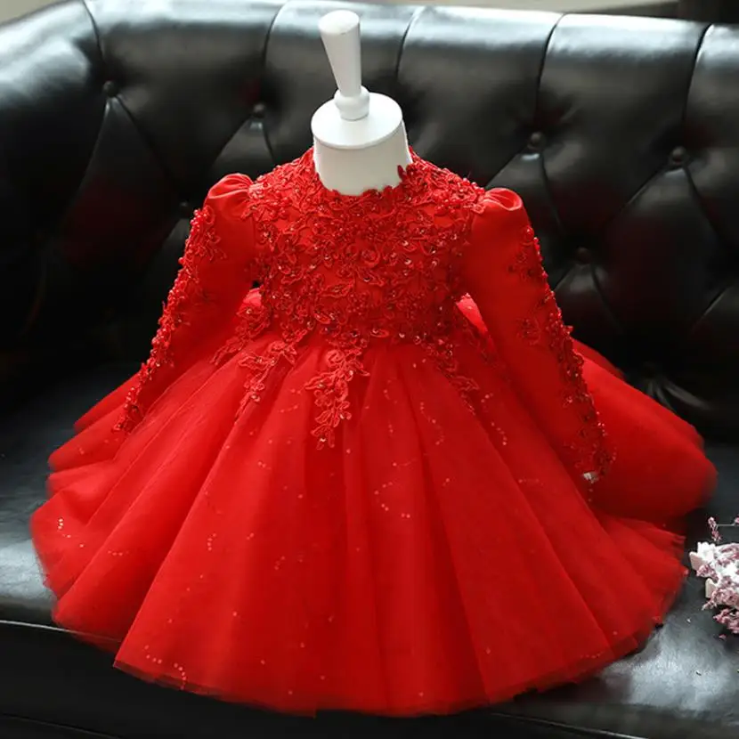 

Red Toddler Girl Wedding Dress Long Sleeve Newborn Girls Christmas Princess Gowns Beads Lace Infant Kids Birthday Baptism A1985