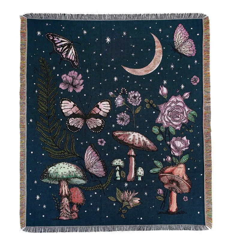 

Starry Sky Woven Throw Blanket with Fringe Travel Pink Butterfly Moon Casual Blankets Chair Recliner Furniture Sofa Bed Throws