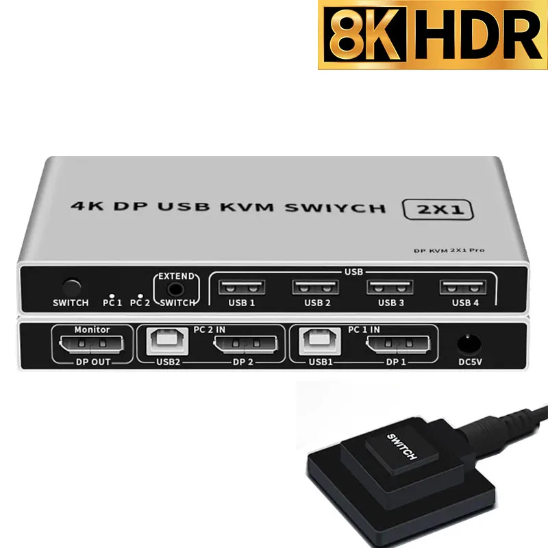 

8K DP KVM переключатель 2X1 Displayport USB KVM переключатель 2 в 1 4K 60 Гц DP 1,4 переключатель с настольным контроллером для совместной мыши Keyboad