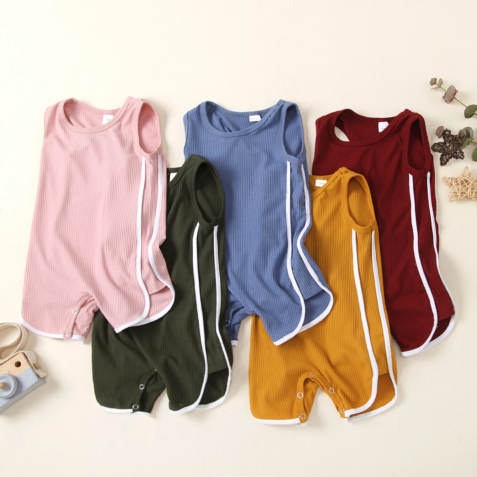 

Baby Summer Rompers Splicing O-Neck Sleeveless Ribbed Jumpsuits with Crotch Buttons for Toddlers Boys