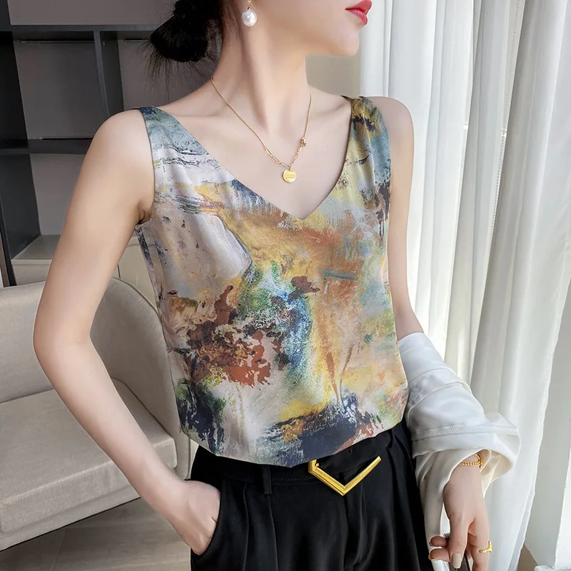 

Women Painting Ice Silk Camisole Satin Women Tank Top 2023 New Summer Loose Literary Print V-neck Bottoming Shirt Top