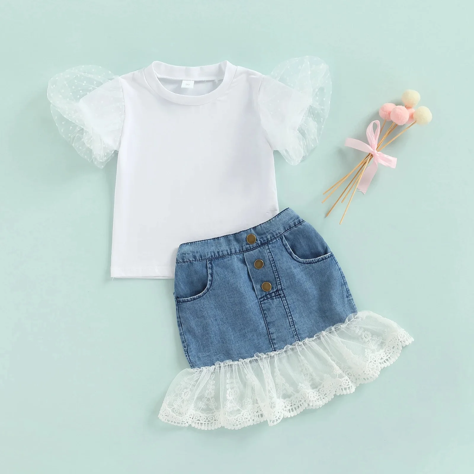 

Baby Girls Outfit Set Summer Children's Suit 2202 New Girls' Solid Color Short-sleeved Denim Skirt Two-piece Suit