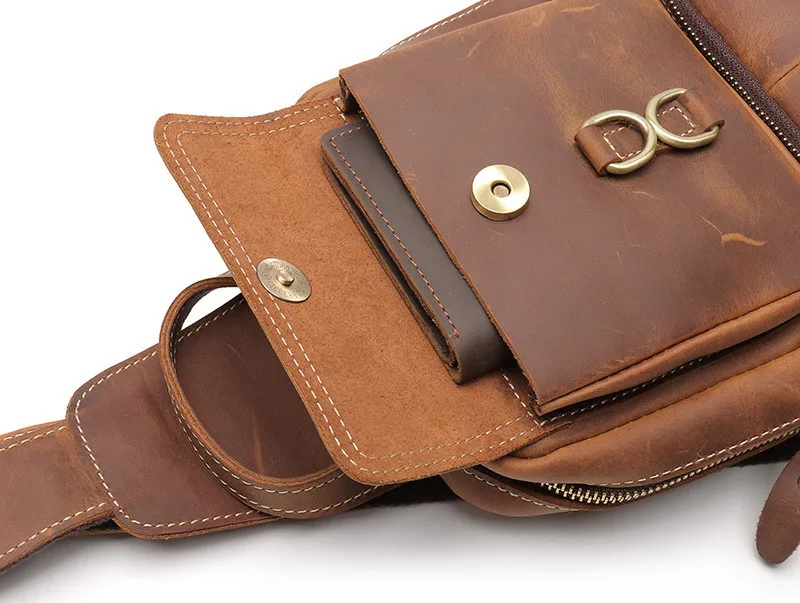 Retro fashion luxury crazy horse cowhide men's chest bag outdoor daily travel square real cowhide diagonal bag for teenagers