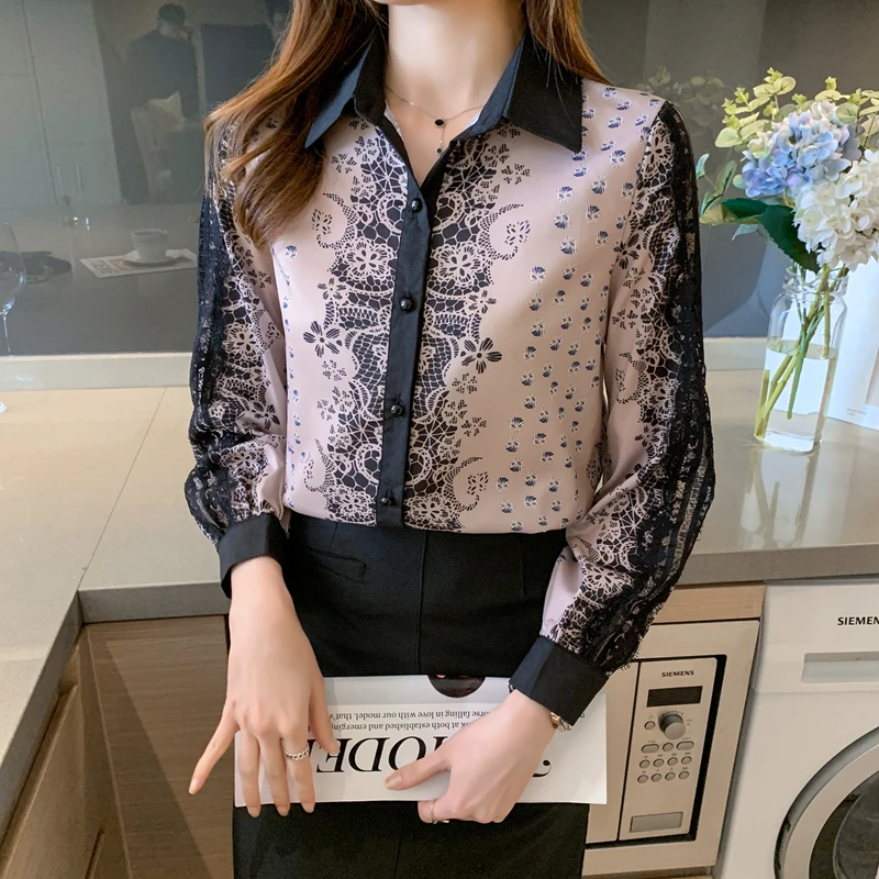 

Summer Clothing Satin Print Women's Blouse Loose Polo Lace Shirt Long Sleeve Casual Fashion Lady Top