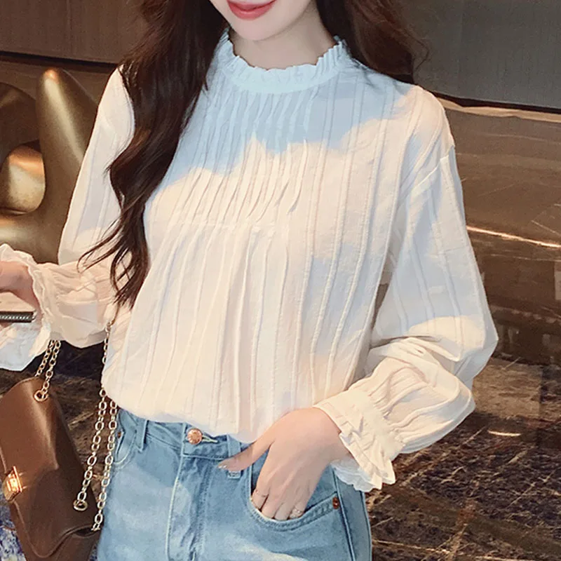 Модная женская блузка с длинным рукавом рюшами рубашка женские топы Blusas Para Mujer