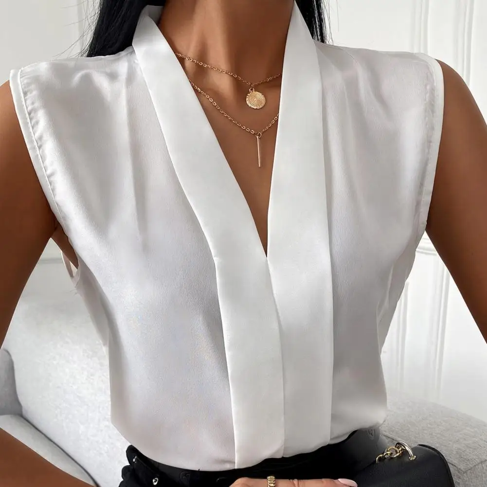 

Fashion Tank Top Sleeveless V Neck Polyester Fiber Solid Color Women Blouse for Office