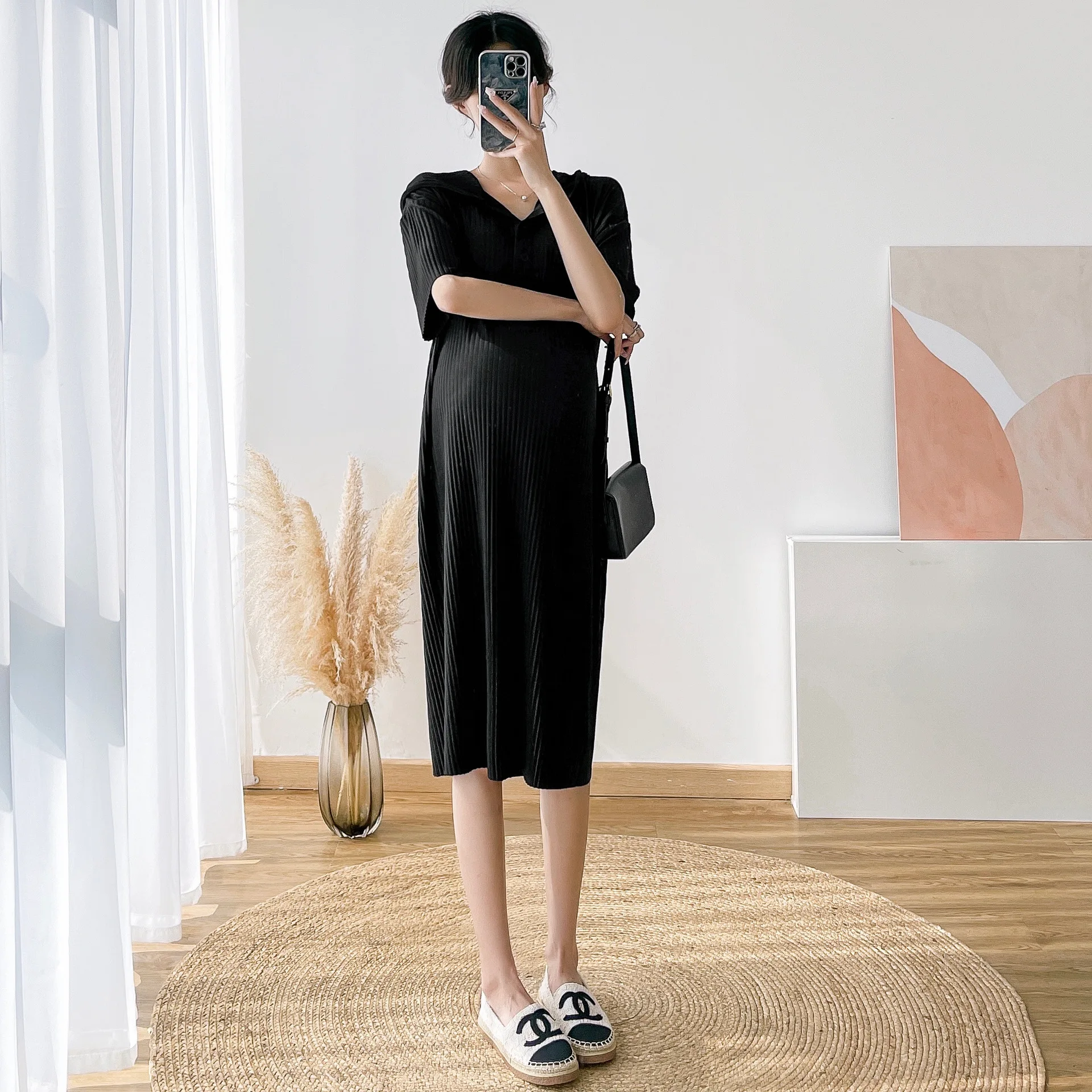 

Maternity Clothes 2022 Summer New Fashion Cool Thin Hooded Sweater High Elastic Lazy Wind Plus Size Pregnant Dresses Elegant