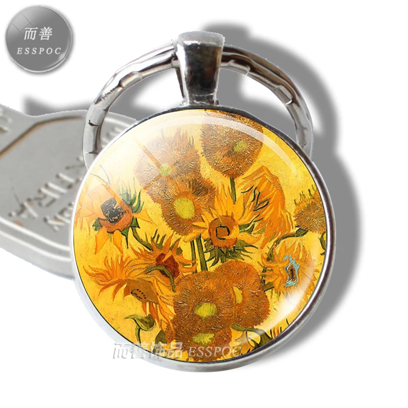 

Artist Van Gogh Yellow Sunflower Keychain Key Ring Glass Oil Painting Photo Keyring Pendant Jewelry Gift