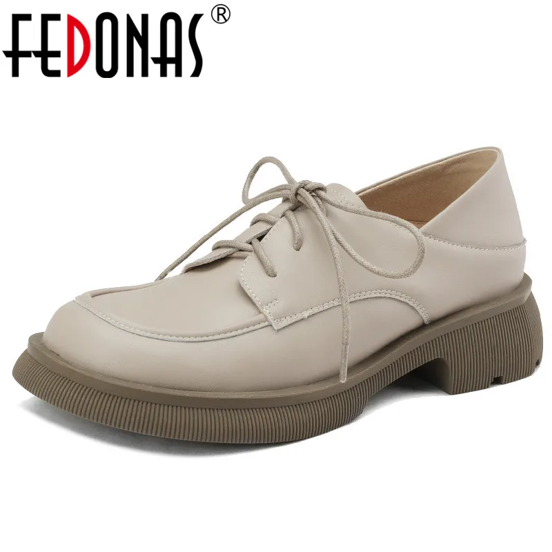 

FEDONAS Spring Summer Women Pumps Retro Chunk Platforms Round Toe Thick Heels Genuine Leather Lace-Up Shoes Woman Working Casual