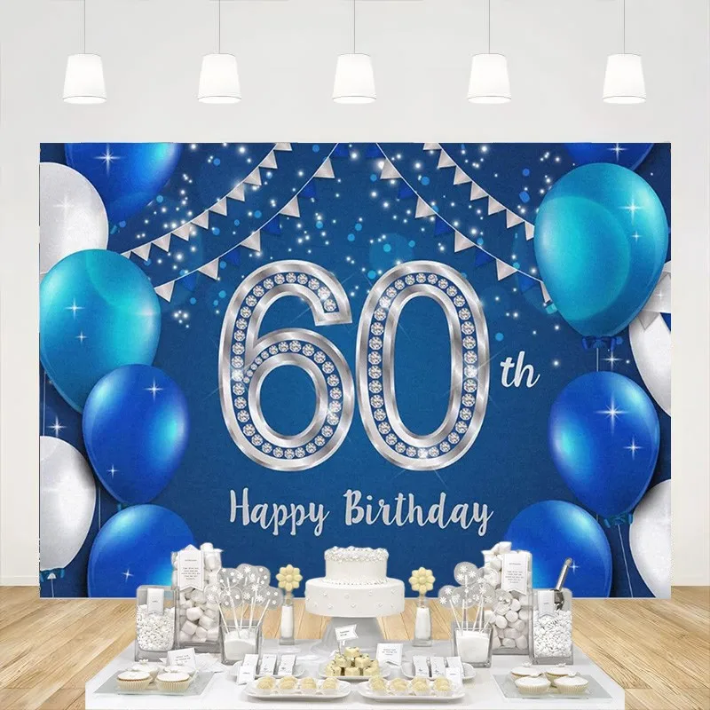 

Happy 60th Birthday Banner Backdrop 60 Years Old Birthday Decorations Blue Silver Photo Background Party Supplies for Women Men