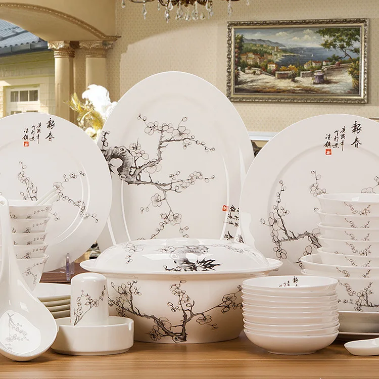 

Набор керамической посуды Цзиндэчжэнь, миска из костяного фарфора в китайском стиле, тарелка, ложка, набор из 56 чернил и посуда в китайском с...