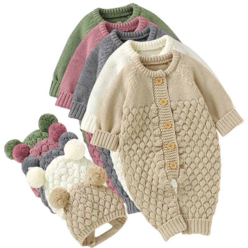 2023 Baby Rompers Caps Newborn Clothes Girl Boy Knitted Jumpsuits Outfits Autumn Winter Long Sleeve Toddler Infant Overalls