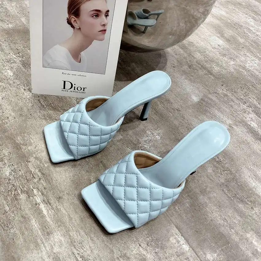 

2022 Brand Design Women slippers Elegant Square Toe Thin High Heels 9CM Slippers Summer Outdoor Beach Slides Shoes