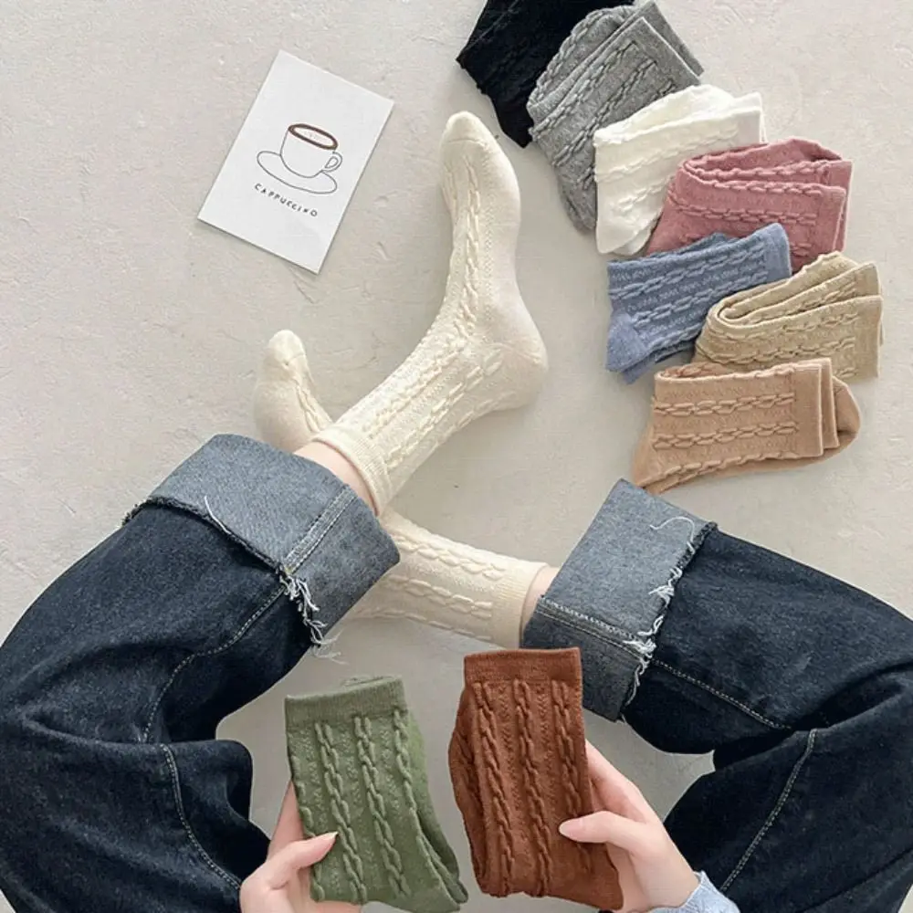 

Women Twist Cross Pattern Trendy Socks Pure Color Classic Middle Tube Cotton Socks Winter Soft Thick Comfortable Hosiery