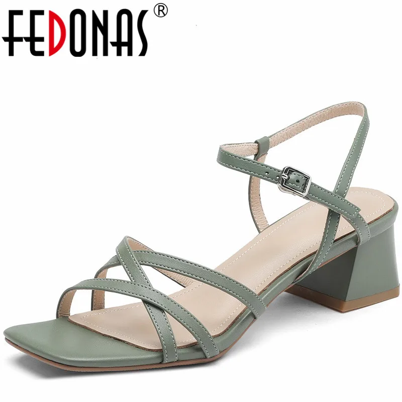 

Женские босоножки на толстых каблуках FEDONAS, желтые элегантные туфли из натуральной кожи с узкими ремешками, обувь для офиса на лето 2023